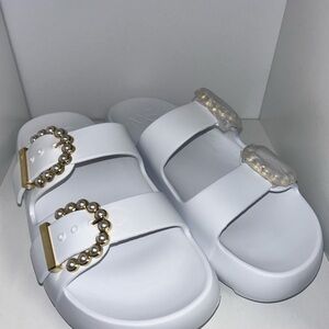 Stuart Weitzman Pearl Buckle White Sandals